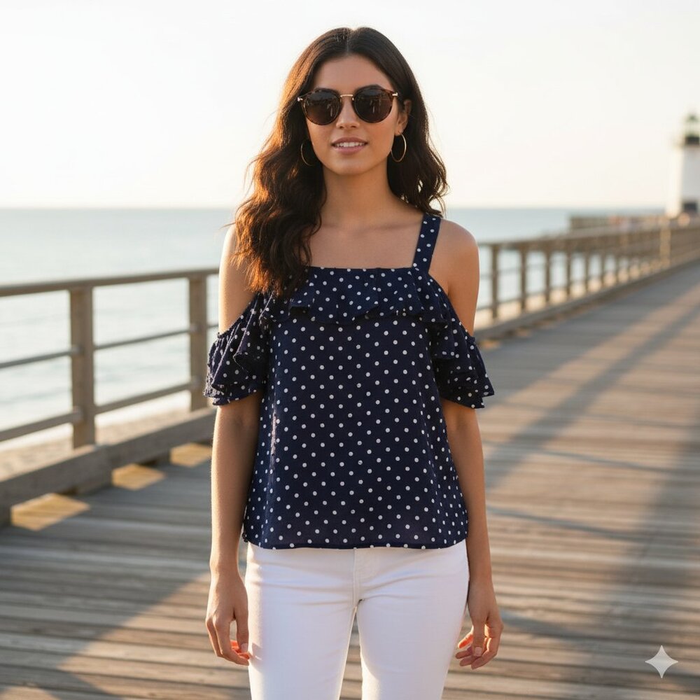 J.Crew Polka Dot Cold Shoulder Ruffle Blouse Navy Preppy Summer Top
